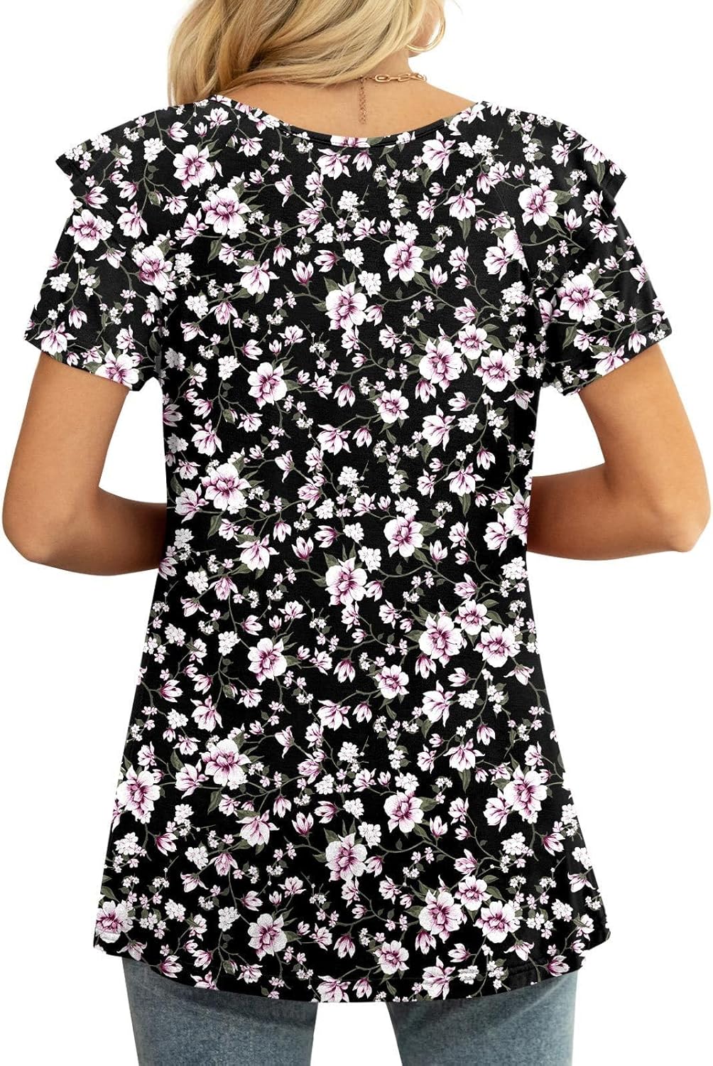 Women's Summer Ruffled Short Sleeve V-Neck Loose Fit Blouse – Pink Floral Black – Lightweight Stretch Knit Tee Top, Size Medium