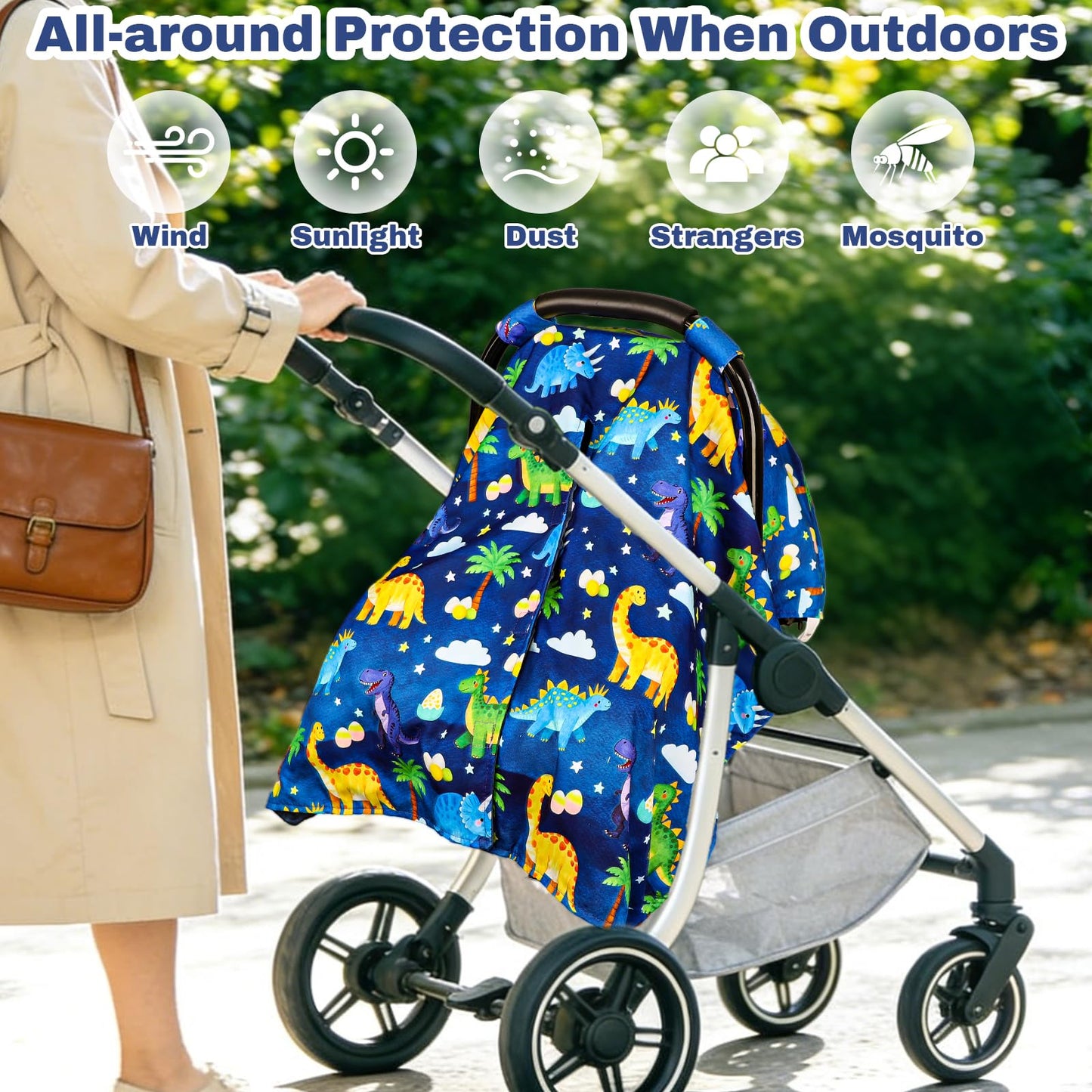 Dinosaur Baby Car Seat Cover with Peekaboo Opening - Warm Minky Canopy for Infants