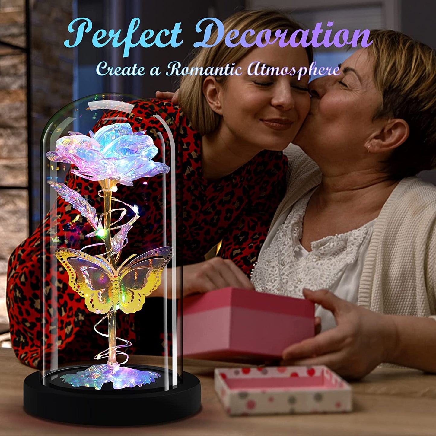 7.9" Decorative Glass Covered Light-Up Eternal Glass Rose w/ Gold Foil Butterfly