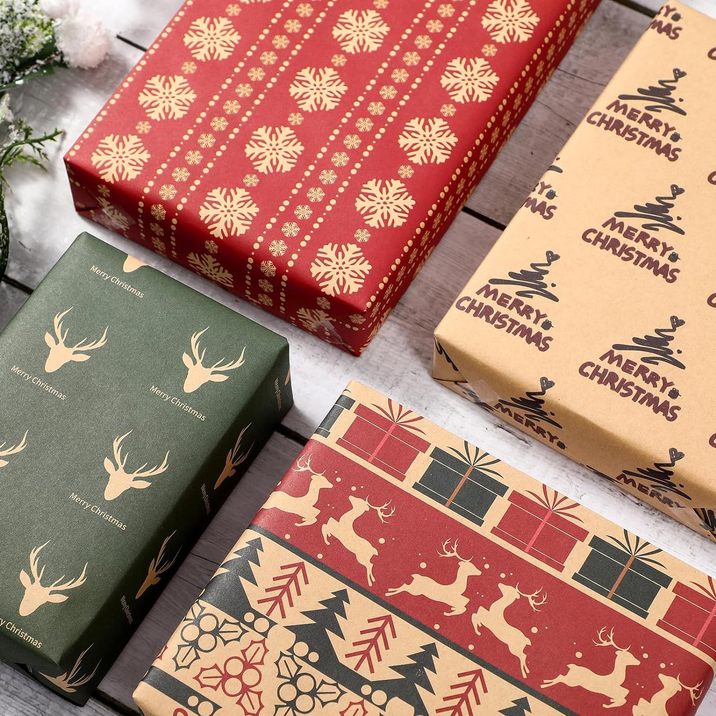 Premium Christmas Wrapping Paper Set - 12 Sheets of Kraft Paper with Festive Red & Green Designs, 20x29" Each for Holiday Gifts