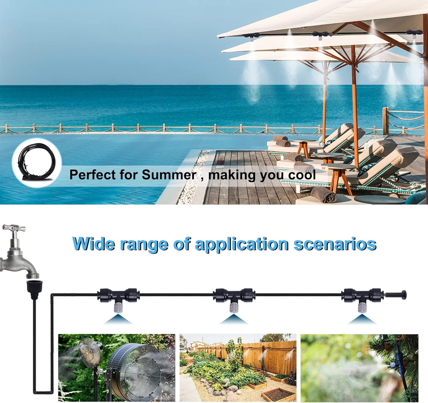 Outdoor Patio Misting System - 49ft Cooling Kit with 16 Stainless Steel Nozzles