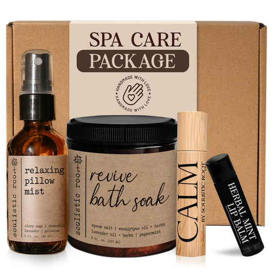 Spa Kit for Women Self Care Gift Set, Lavender Pillow Spray, Calm Essential Oil Roller 0.34 fl oz (10 ml), Mint Lip Balm & Epsom Salt Bath Soak