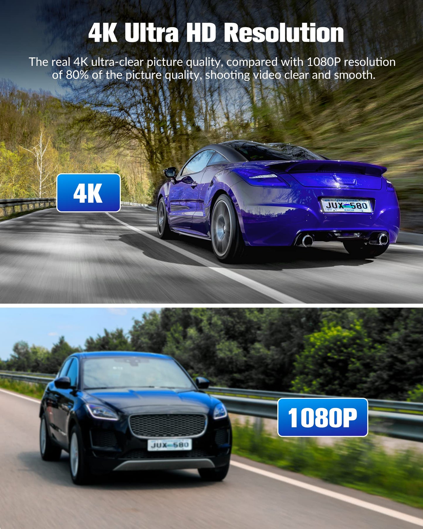 4K Full UHD 3-Channel Dash Camera for Cars, Front Rear Interior Recording, 32GB Card, Super Night Vision, 2.0 in IPS Screen, 170° Wide Angle