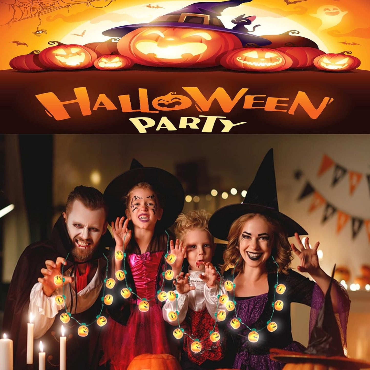 4pk Light Up Halloween Pumpkin Jack-O-Lantern Glow In The Dark Necklaces