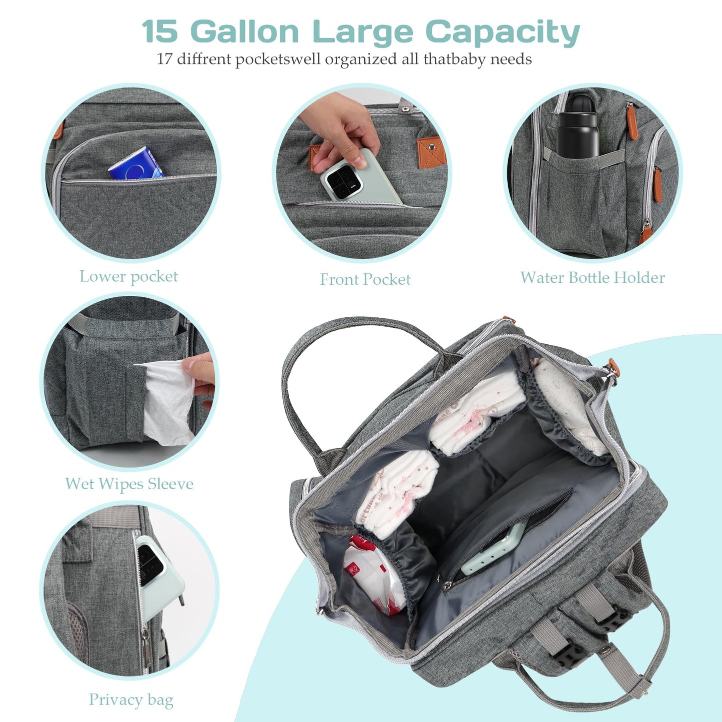 Diaper Bag Backpack with Changing Pad and Insulated Bottle Holders - Grey