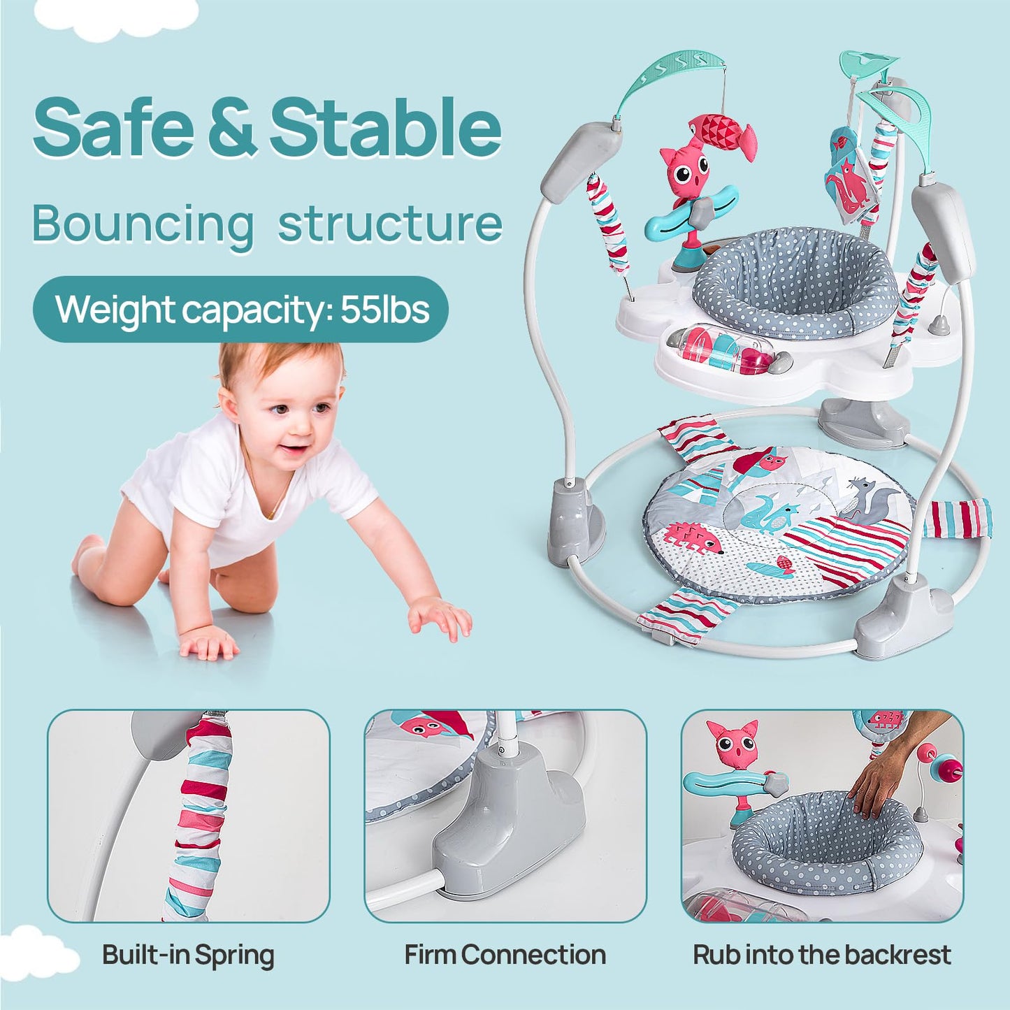 Portable Baby Activity Center Play Center for 7-18 Months with 360° Rotating Seat, 3 Height Settings, Interactive Developmental Toys