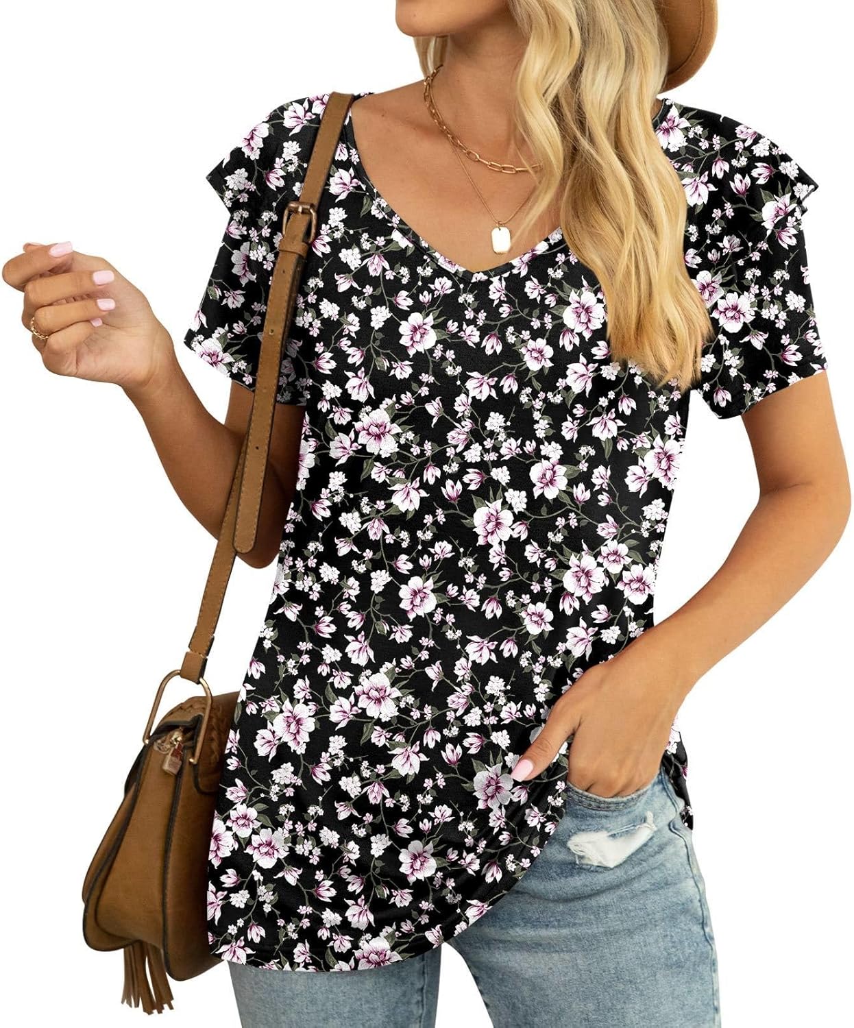 Women's Summer Ruffled Short Sleeve V-Neck Loose Fit Blouse – Pink Floral Black – Lightweight Stretch Knit Tee Top, Size Medium
