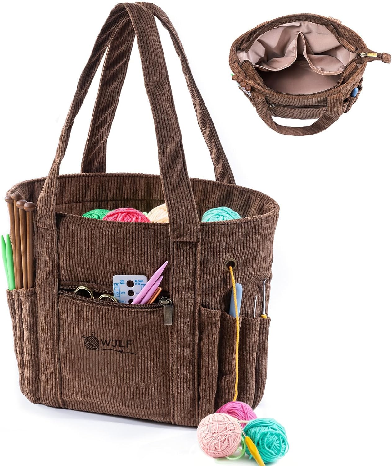 Corduroy Crochet Tote & Yarn Organizer, 4 Grommets, 8 Hook Slots, 4 Inner & 4 Outer Pockets, Zipper Top, 10.5" x 6.5" x 9.5", 1.32 gal/5 L, Vintage Metal Accents