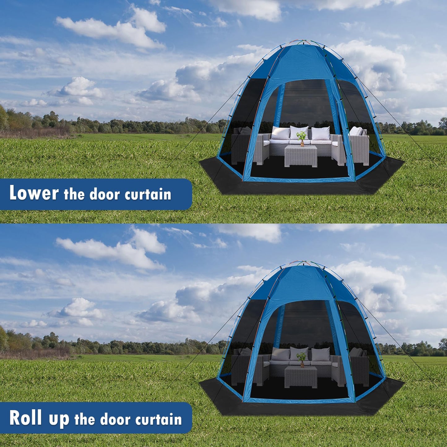 Six-Sided Screen Tent with Removable Floor, 11.8ft x 11.8ft Outdoor Gazebo Canopy with Mosquito Netting, Blue