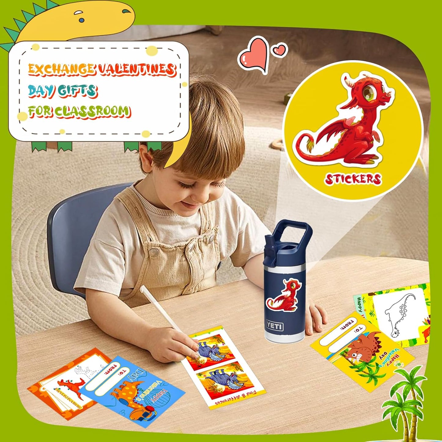Valentine's Day Dinosaur Building Blocks for Kids: 24-Pack with Cards & Stickers