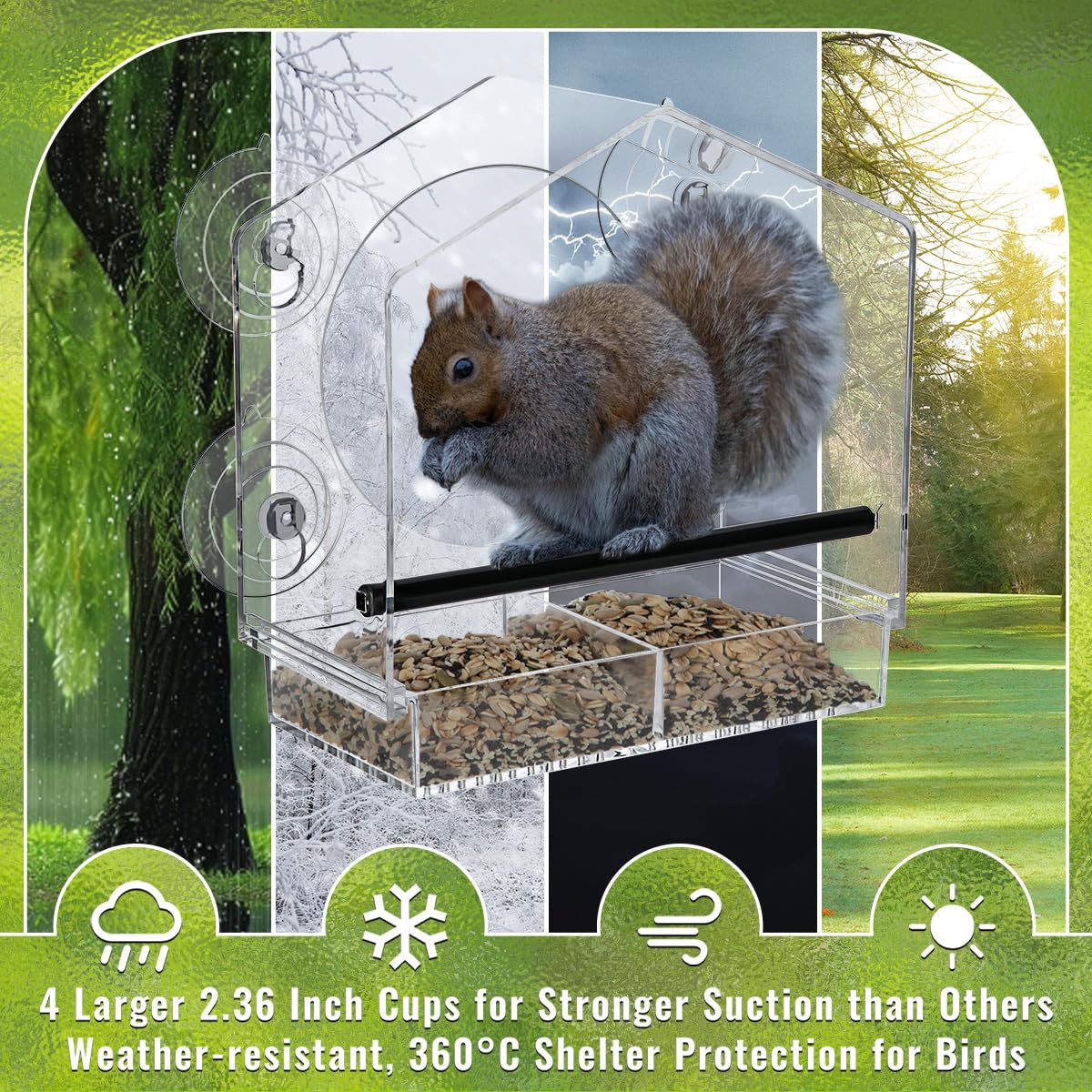 Clear Window Bird Feeder with Strong Suction Cups, Acrylic Viewing Feeder for Cats, Large Clear Window, Removable Sliding Seed Tray with Drainage, Easy to Clean and Refill