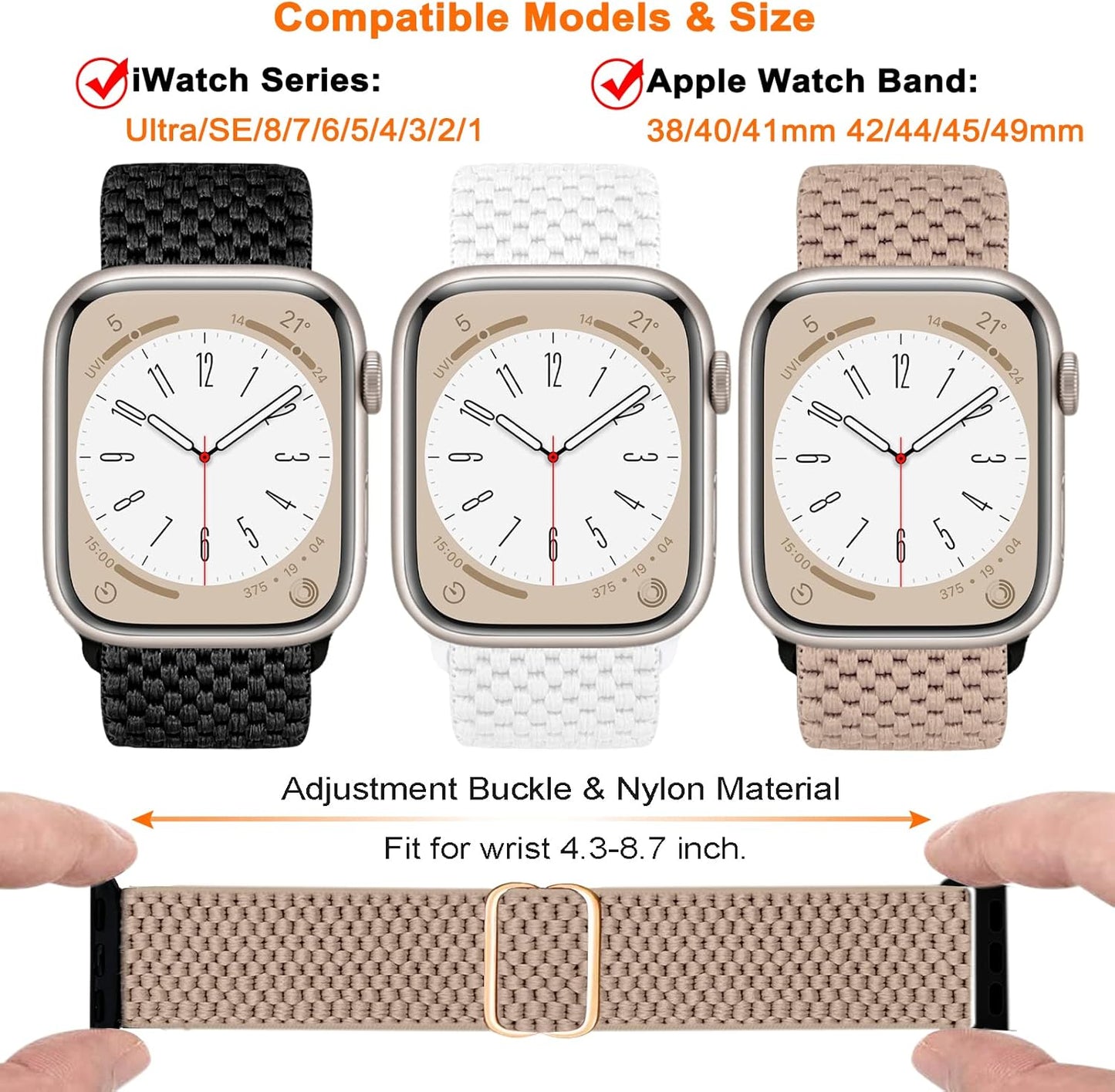 3 Pack Stretchy Nylon Solo Loop Band for Apple Watch 42mm, 44mm, 45mm - Adjustable, Breathable, in Black, White & Light Brown