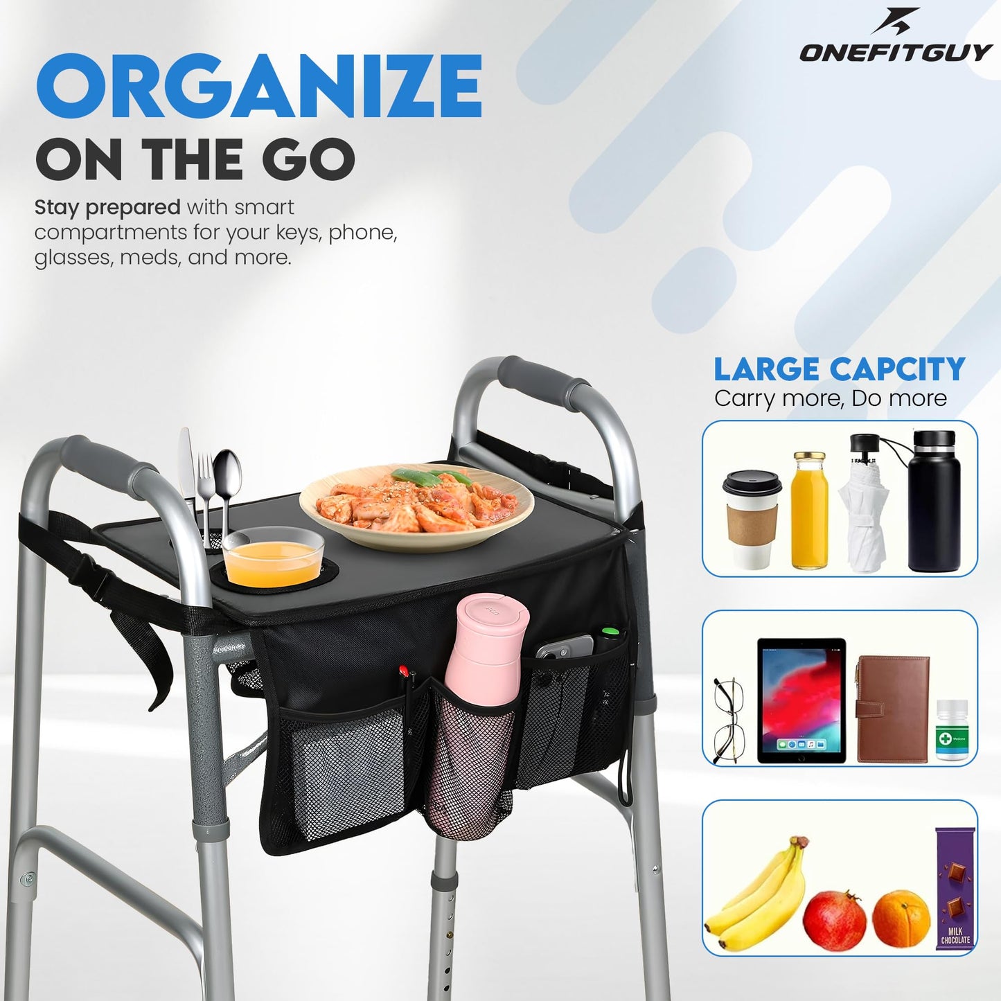 Walker Tray with Cup Holder and Storage Pouch for Folding Walkers - Black