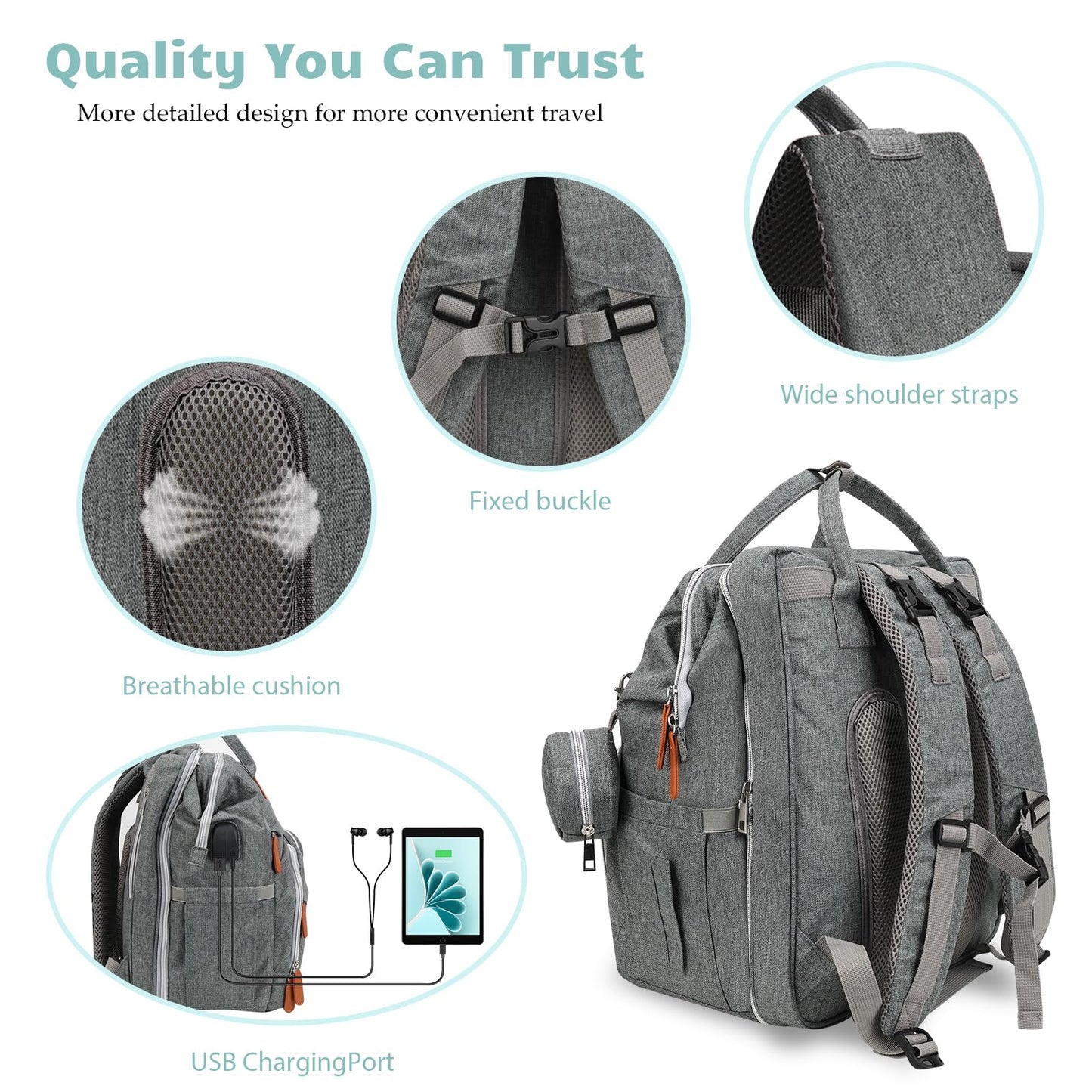 Diaper Bag Backpack with Changing Pad and Insulated Bottle Holders - Grey