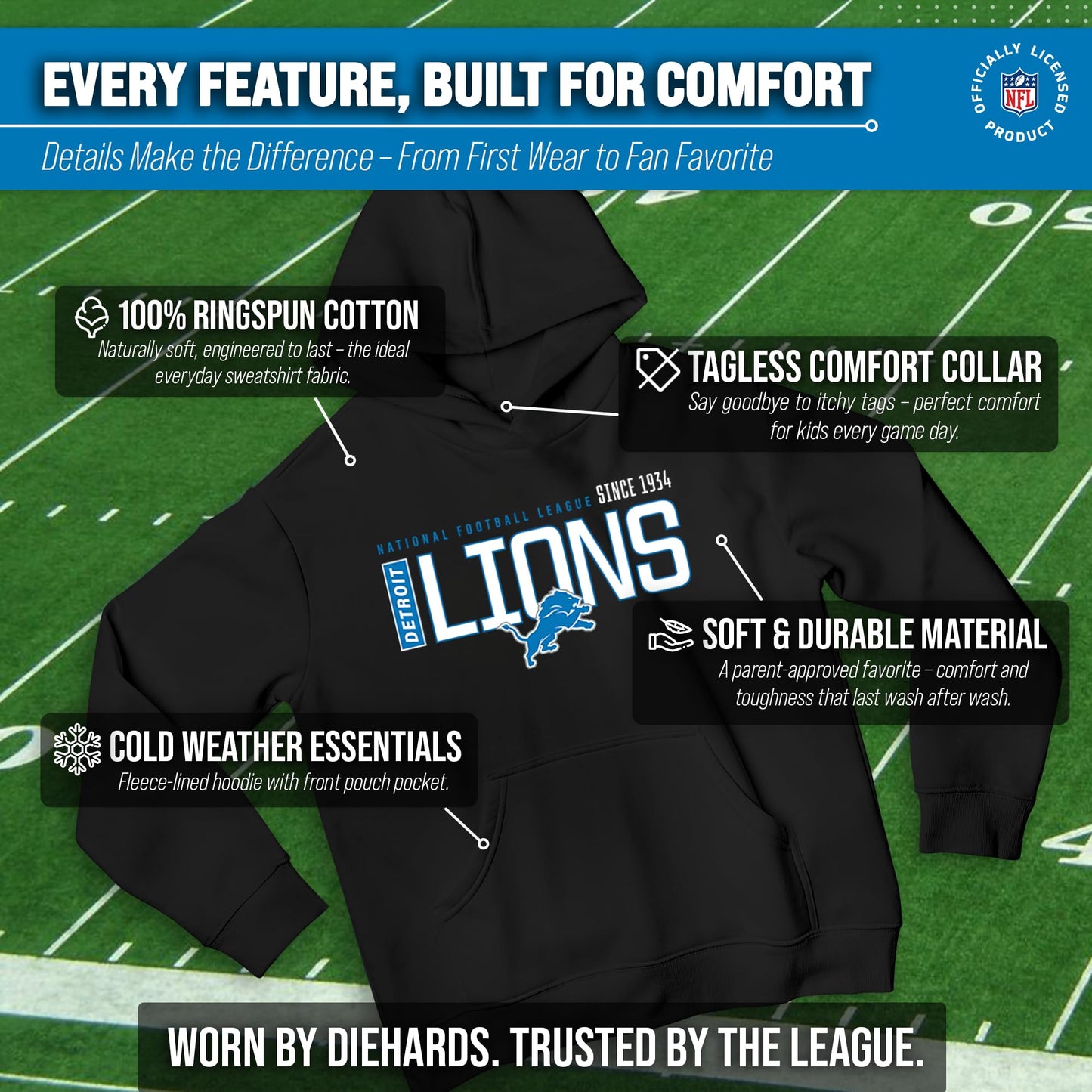 Detroit Lions Youth NFL Modern Endzone Football Fleece Hooded Pullover - Black, Size X-Large