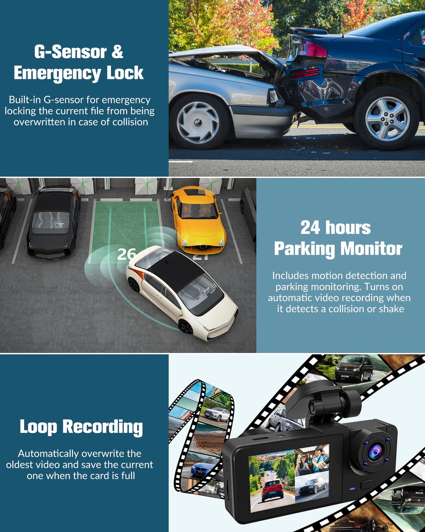 3 Channel Dash Camera for Cars - 4K UHD Front, Rear, and Inside Cabin Triple Dash Cam with 32GB SD Card and IR Night Vision