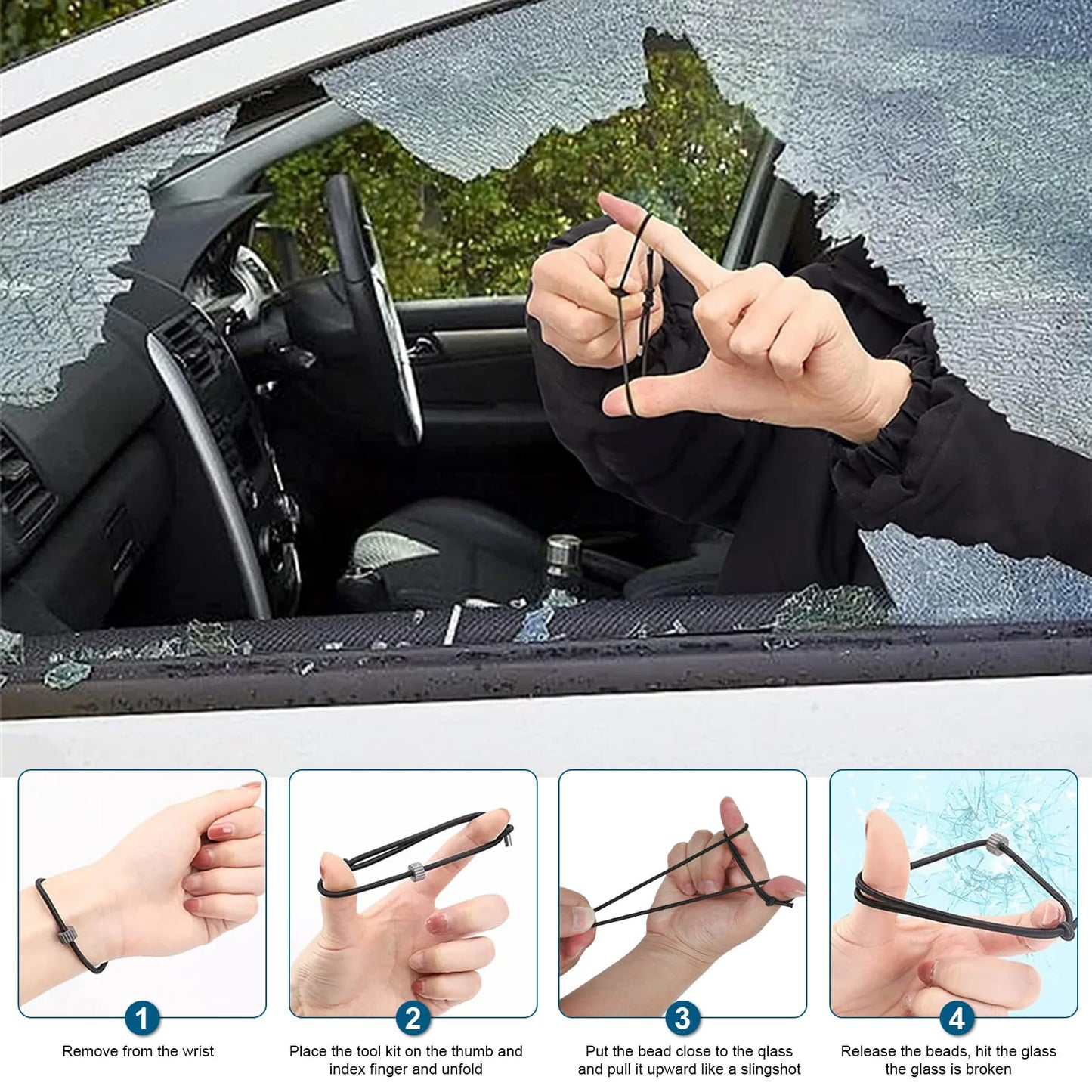 Car Window Breaker Bracelet, Tungsten Carbide Bead Emergency Escape Wrist Strap for Tempered Side Window Glass, Self-Rescue Tool, 1 Pc