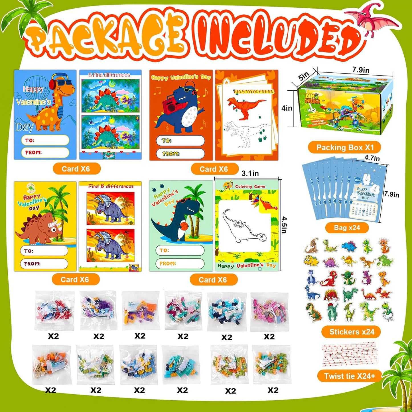 Valentine's Day Dinosaur Building Blocks for Kids: 24-Pack with Cards & Stickers