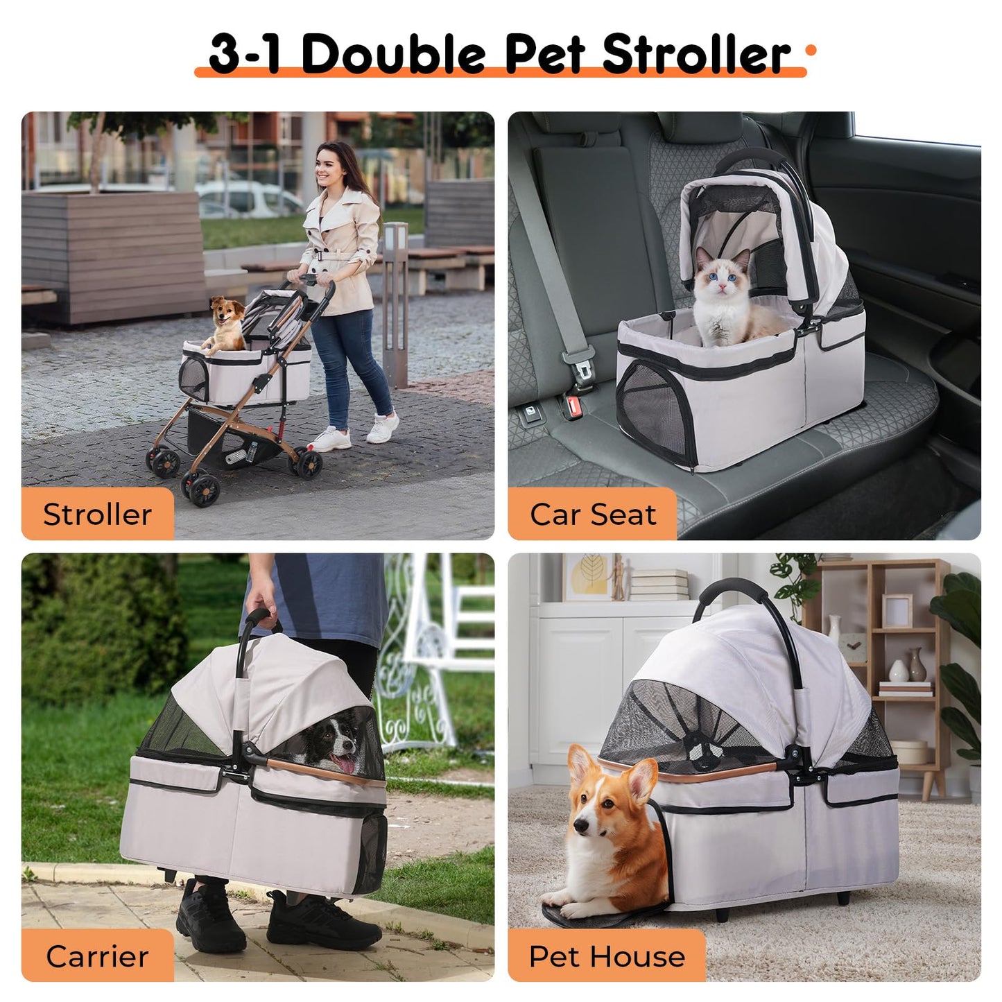 3-in-1 Foldable Pet Stroller for Medium Dogs and Cats up to 50 lbs - Detachable Carrier and Car Seat with Storage Basket - All-Terrain Jogging Stroller, Grey