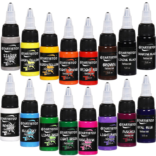 Tattoo Ink Set 16 Colors, 1/2 oz (15 ml) Professional Vegan-Friendly Pigment Tattoo Supplies Kit with True Black, Bright Red, Snow White Opaque