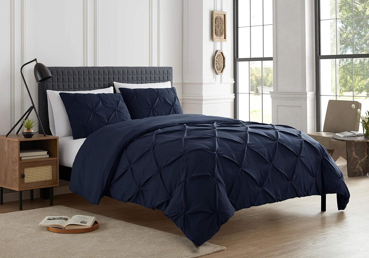 Navy Queen Size 3-Piece Duvet Cover Set – Soft, Luxurious Pinch Pleat Design