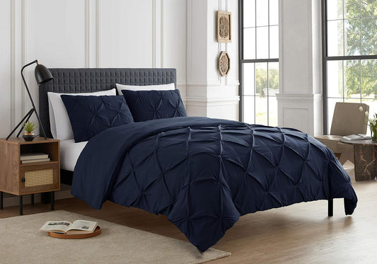 Navy Queen Size 3-Piece Duvet Cover Set – Soft, Luxurious Pinch Pleat Design