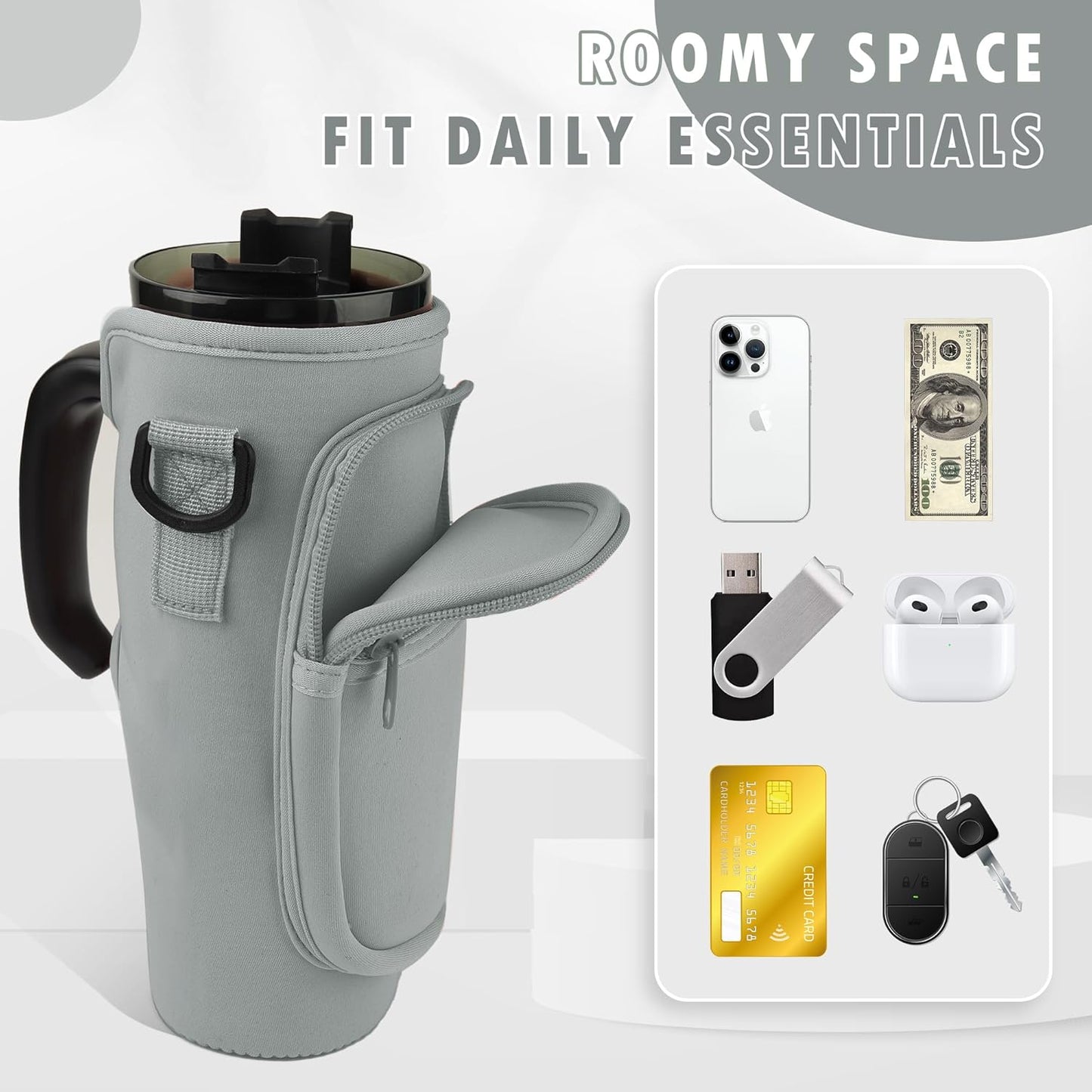 Stylish Water Bottle Carrier for Stanley Cup 40oz with Phone Pocket & Keychain Accessories