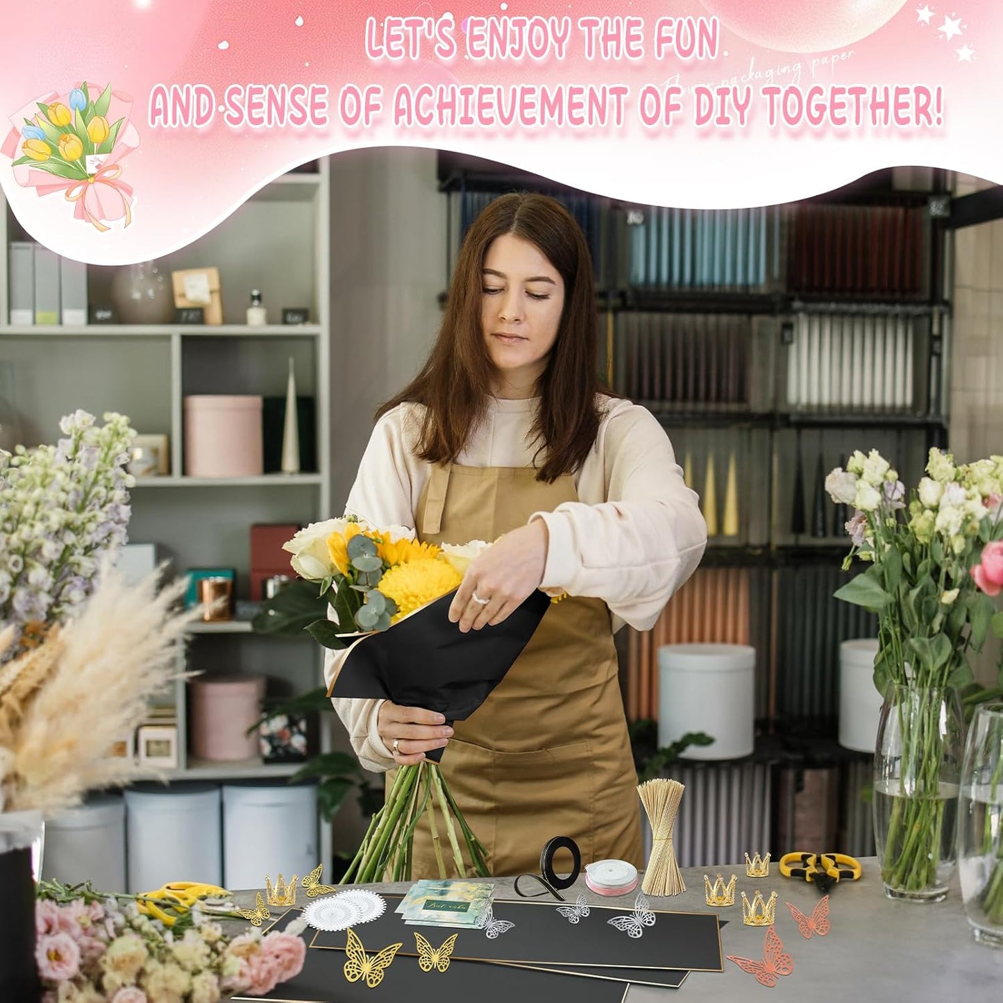 234-Piece DIY Flower Wrapping Kit: Waterproof Papers, Ribbons & 3D Butterflies