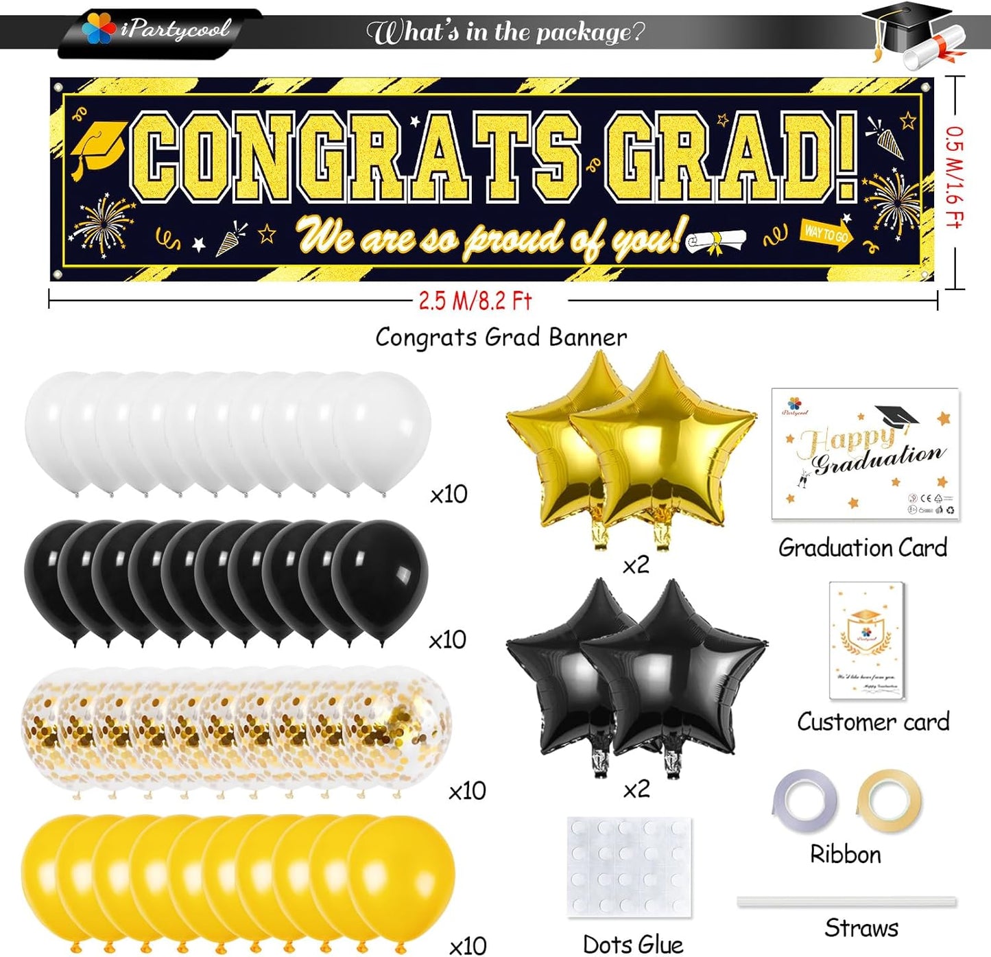 Graduation Yard Sign, Banner, & Balloons Set: Black and Gold Theme, 45 Pieces