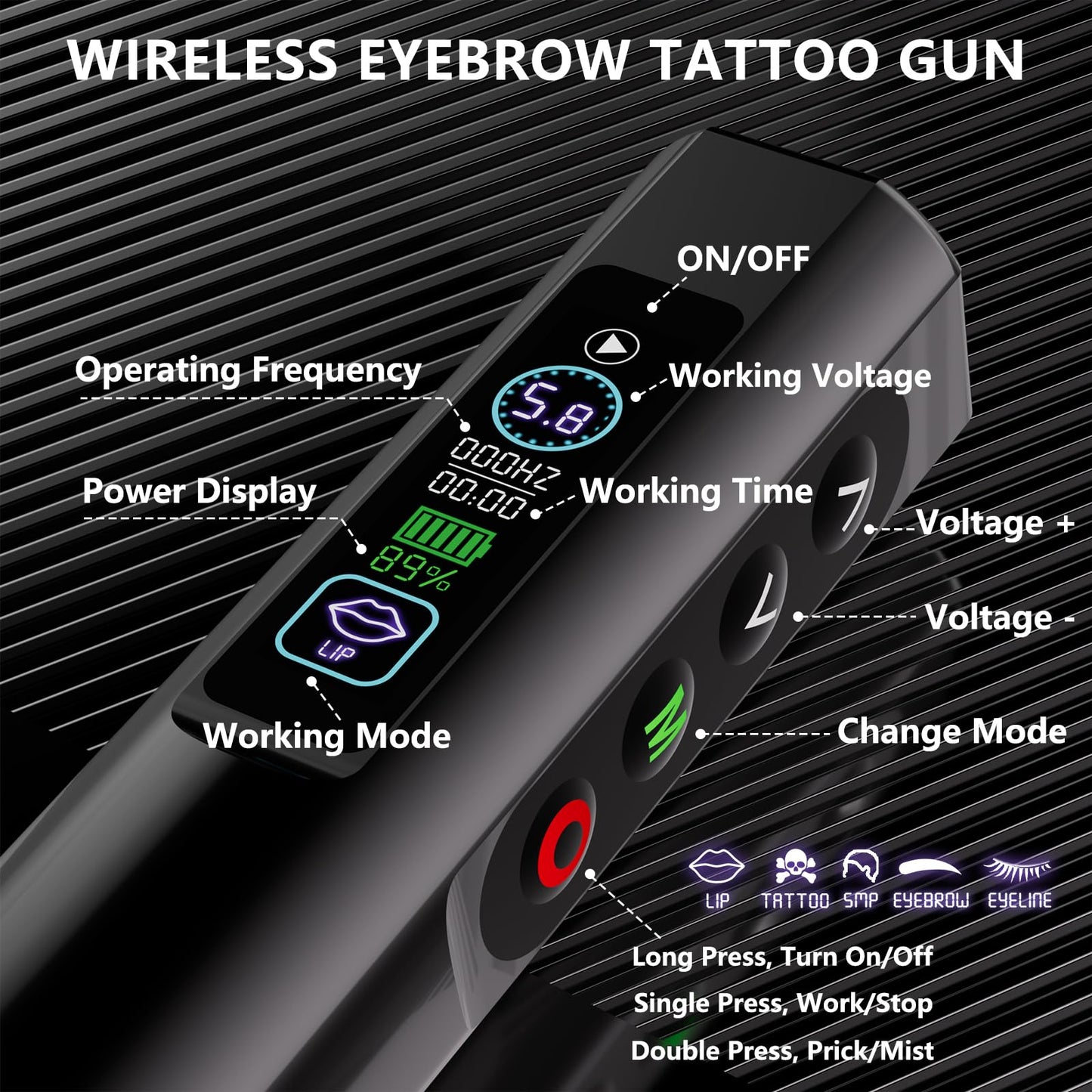 Wireless Microblading Tattoo Pen Kit with Digital LED Display, 2 x 500mAh Batteries, 20 Needles, Practice Skins, Eyebrow Inks, Beginner Supplies, Black