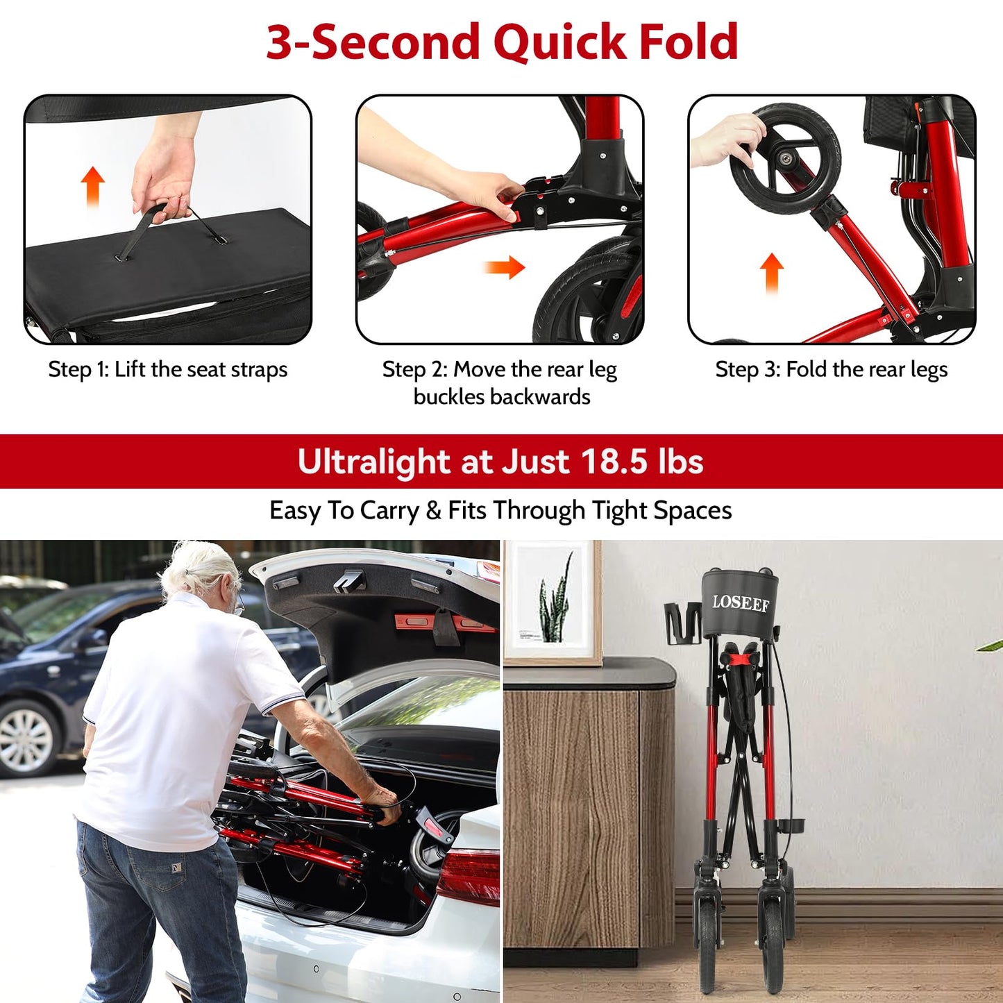 Portable Folding Walker with Mesh Seat, 350lb Capacity, 10-Inch Wheels - Red