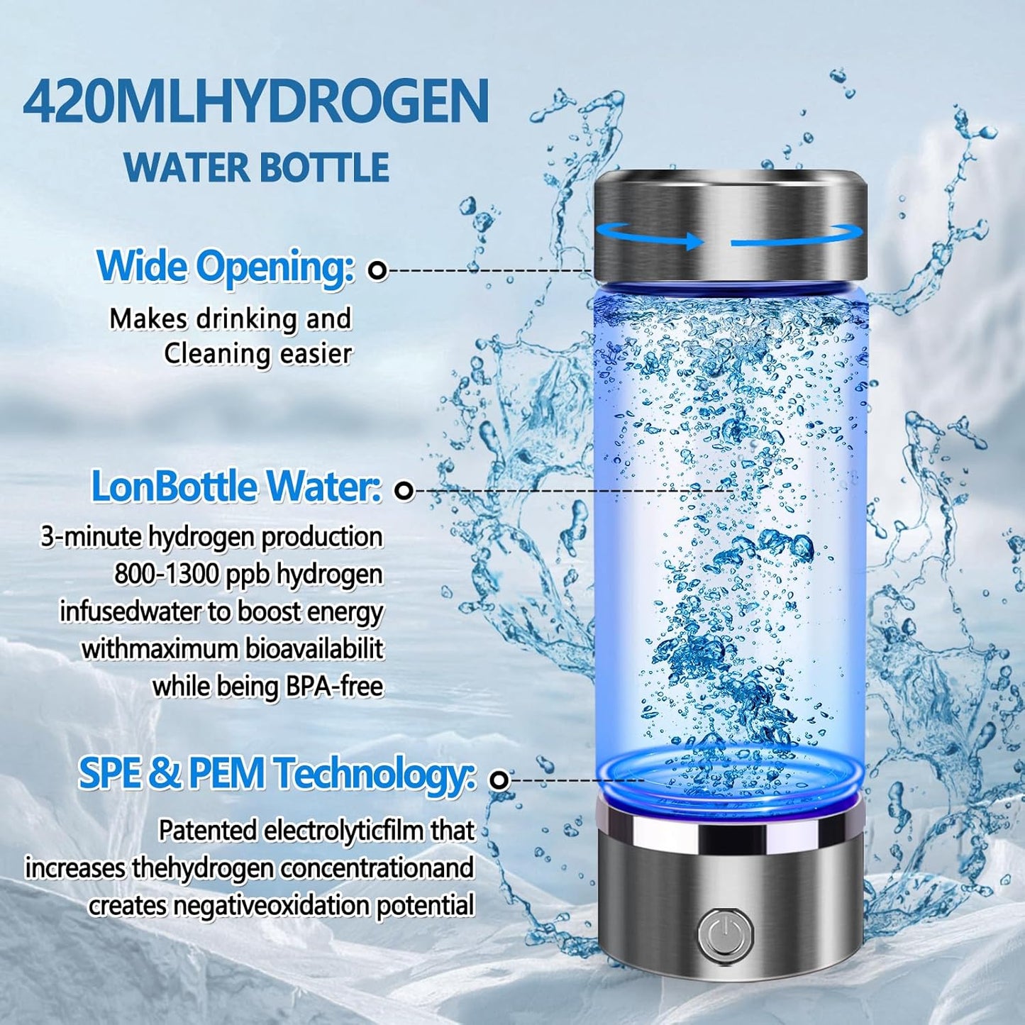 Hydrogen Water Bottle Generator with SPE/PEM Tech for Home, Office, and Travel