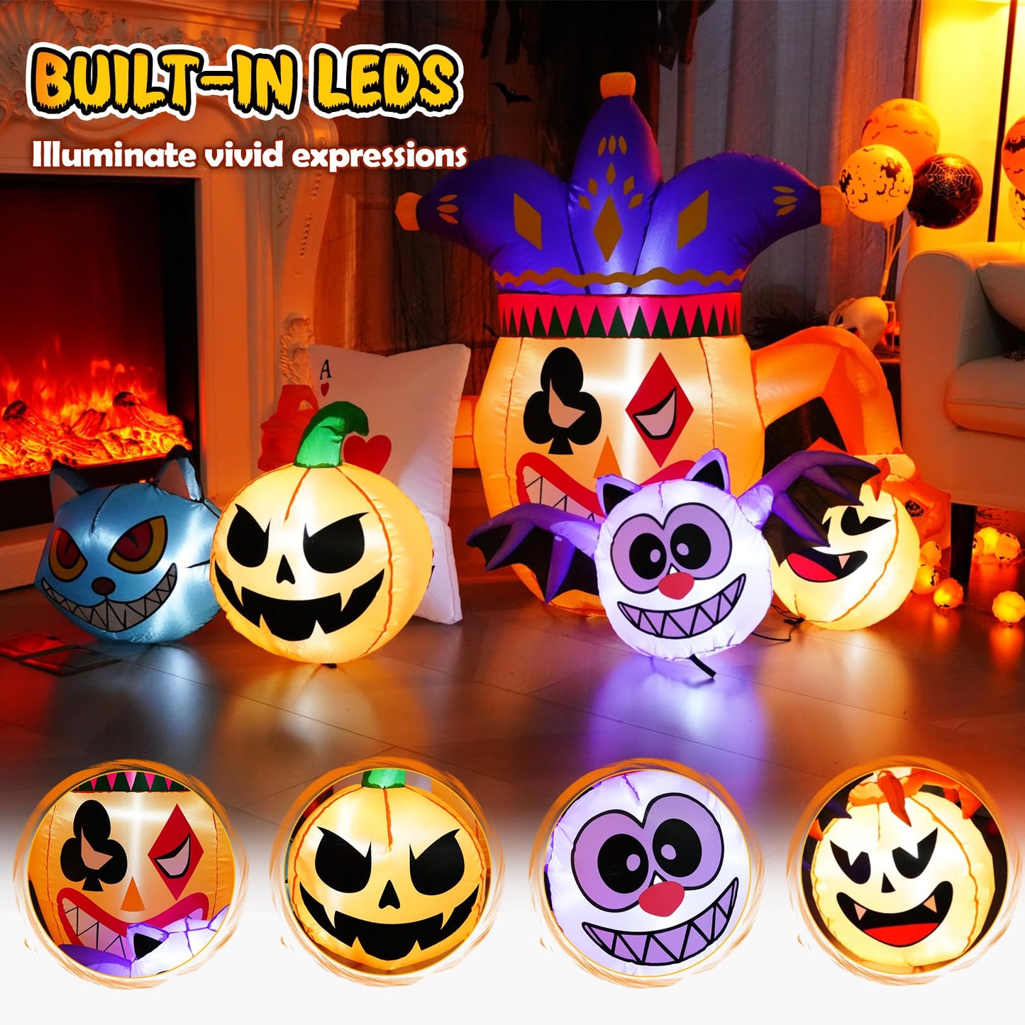 Halloween Inflatable Joker Pumpkin Owl and Black Cat with LEDs - 5.3 FT