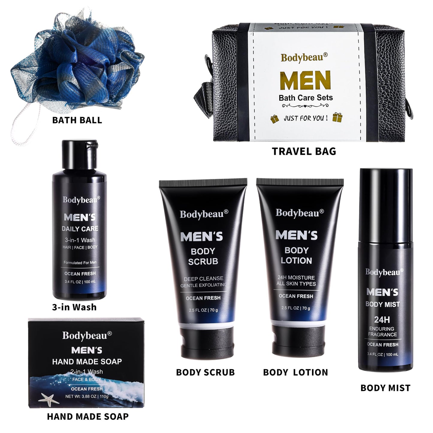 Men's 7-Piece Bath and Body Spa Gift Set with Travel Bag - Ocean Fresh Scent