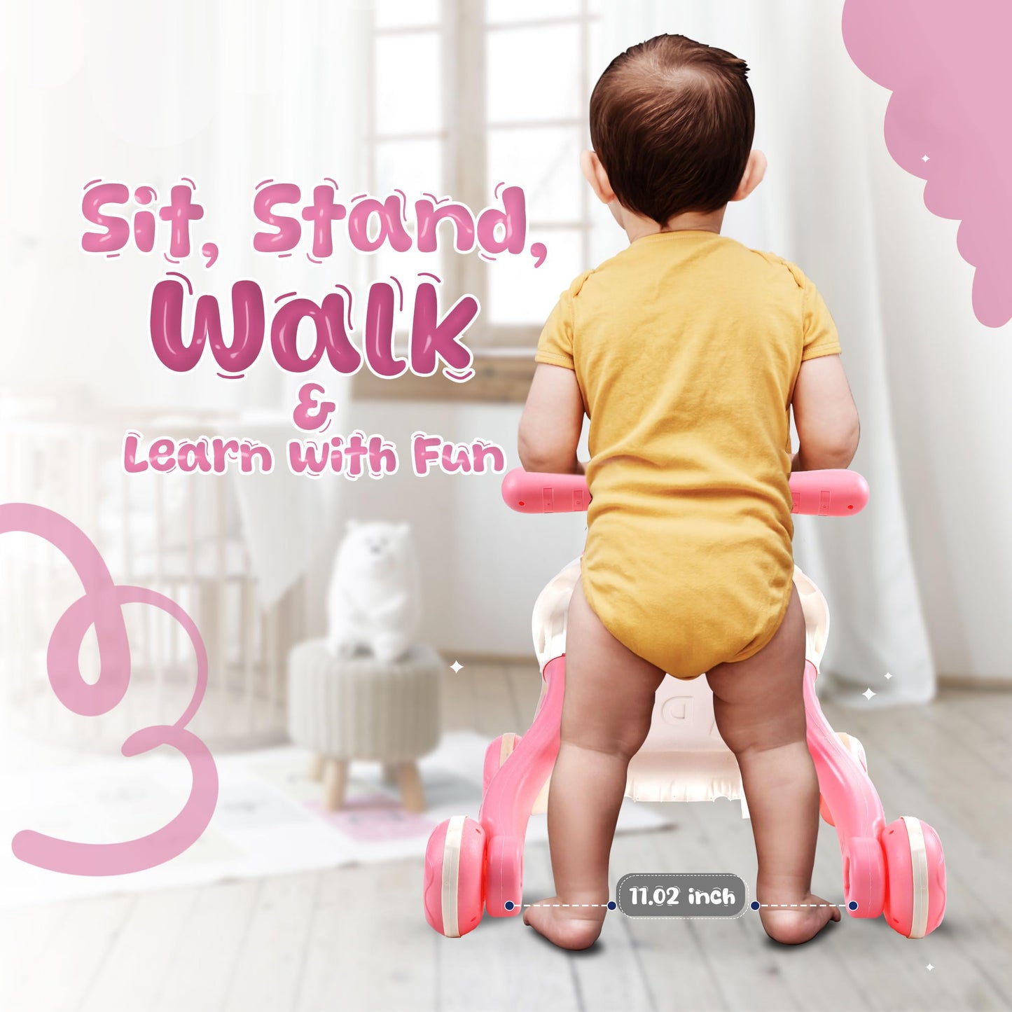3-in-1 Baby Walker Push Toy for 6-12 Months, Sit-to-Stand Walker with Wheels, Detachable Play Panel, Stable Handle, Early Learning Activity, Pink