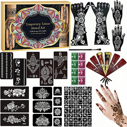 Large Temporary Tattoos Kit with 12 Reusable Stencil Sheets, 78 Designs, 6 Ink Colors, Brush & Wipes, Waterproof DIY Body Art for Women Men Kids