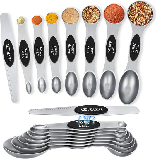 Premium 304 Stainless Steel Magnetic Measuring Spoons Set of 8 - Stackable, Double-Sided for Easy Storage & Precise Measurements