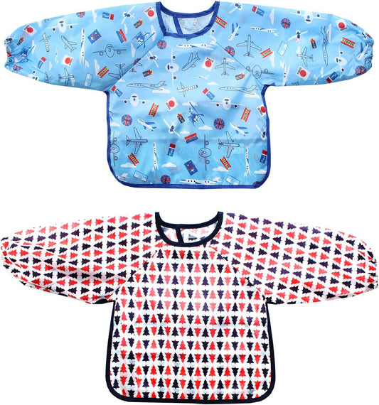 2-Pack Waterproof Long-Sleeved Shirtbibs for Babies (3Y-5Y) with Pocket - Durable & Easy-Clean