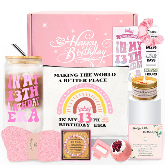 13th Birthday Gift Box for Girls, 11-Piece Sweet 13 Set with 16 oz Tumbler, Candle, Bath Bomb, Socks, Jewelry, Makeup Bag & Card (M, 13th)
