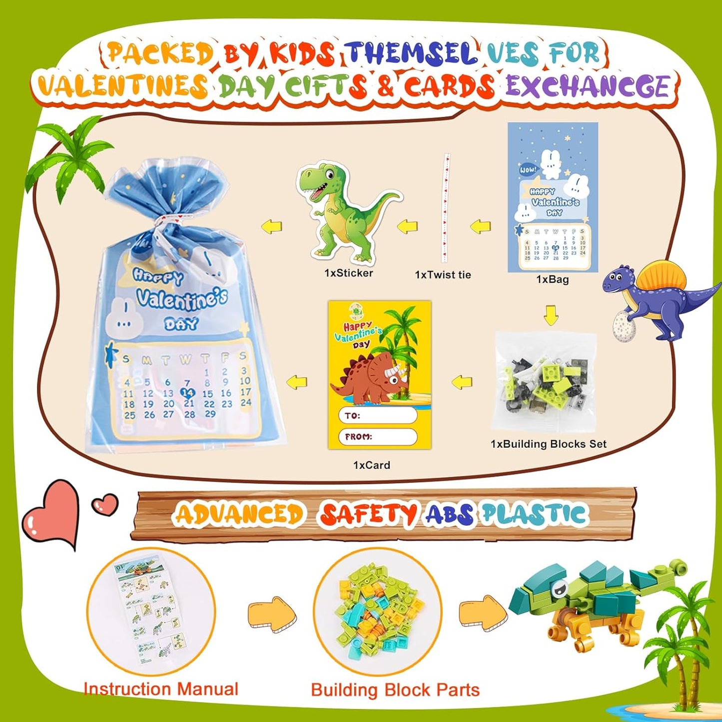 Valentine's Day Dinosaur Building Blocks for Kids: 24-Pack with Cards & Stickers