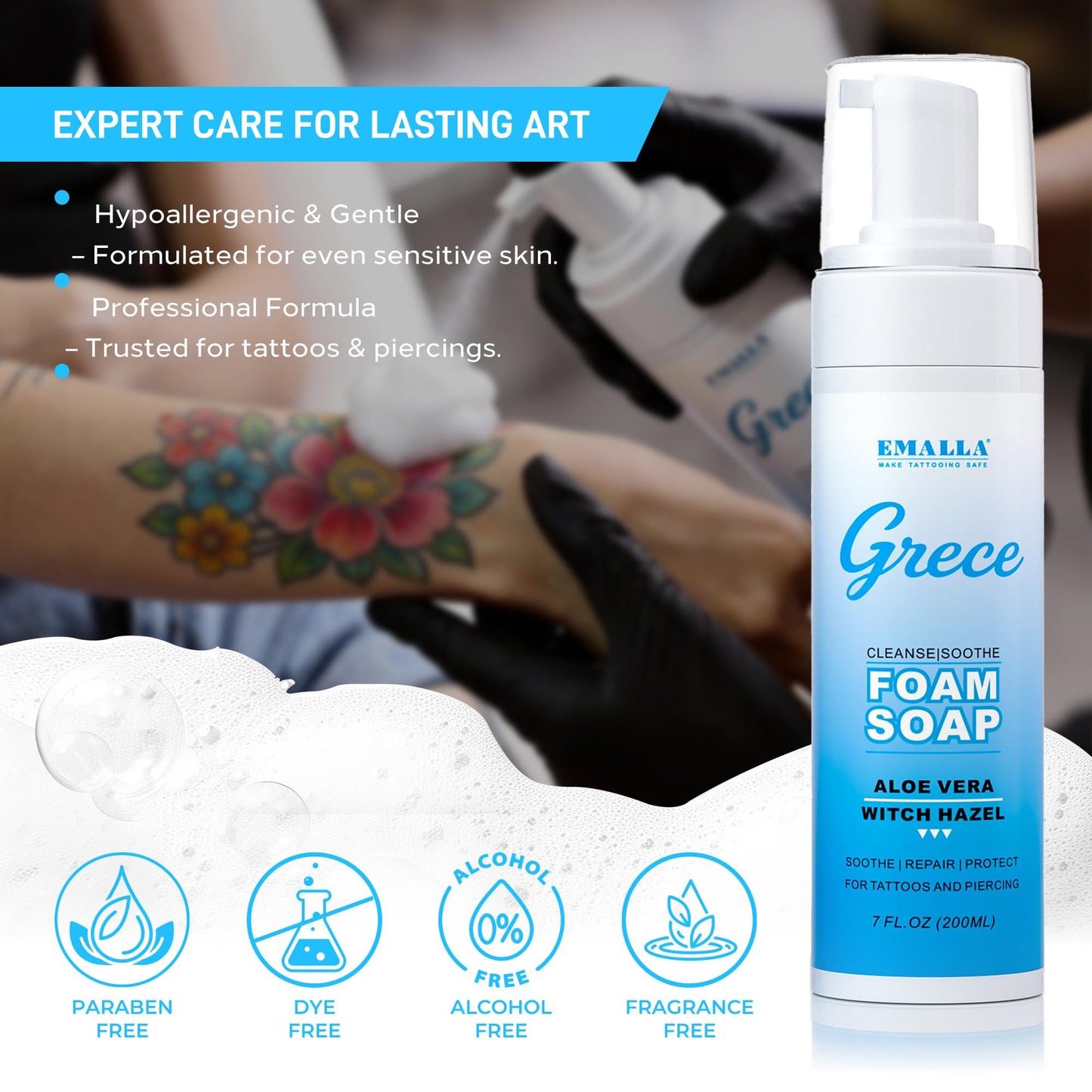 Foaming Tattoo Soap 5 oz (150 ml) Tattoo Aftercare Cleanser for Piercings and Permanent Makeup - Fragrance-Free Vegan Formula