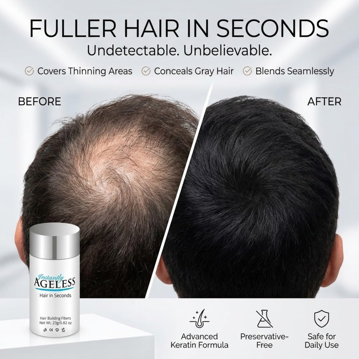 Instantly Ageless Hair in Seconds Hair Building Fibers for Thinning Hair, Black - 0.83 oz (23g)