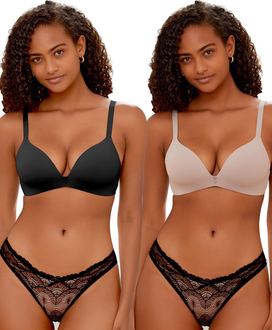 2-Pack Size 40C Wireless Bras for Women: Lightly Lined, Full Coverage, V-Neck T-shirt Bra for All-Day Comfort