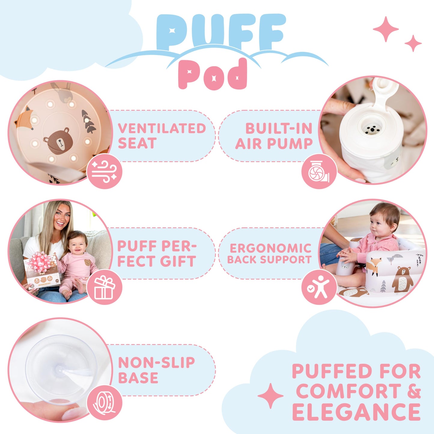 Inflatable Baby Chair with Safety Harness, Built-In Pump & Non-Slip Base, Infant Sit Up Seat for 3-36 Months, Portable Travel Seat, Easy to Clean