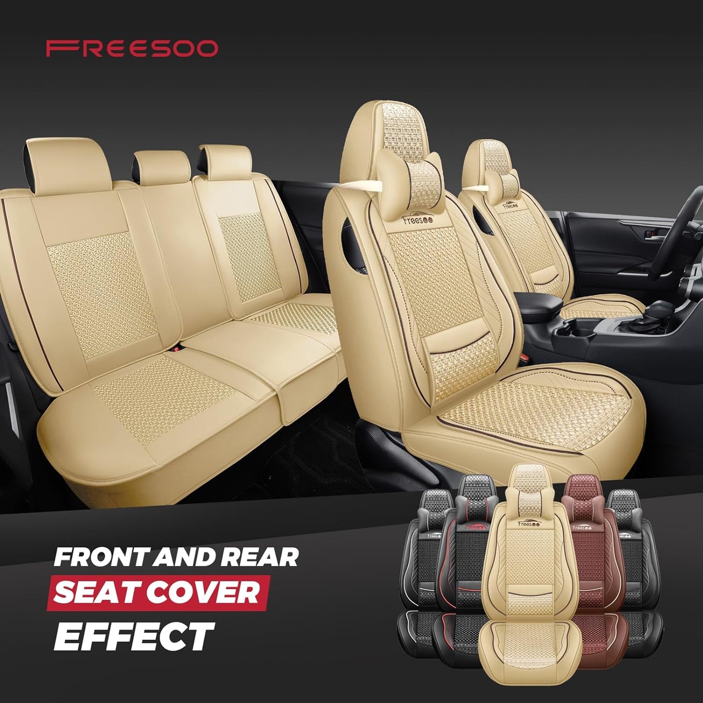 Full Set Beige Leather Car Seat Covers, Breathable and Universal Fit for Sedan, SUV, Coupe - With Lumbar Support