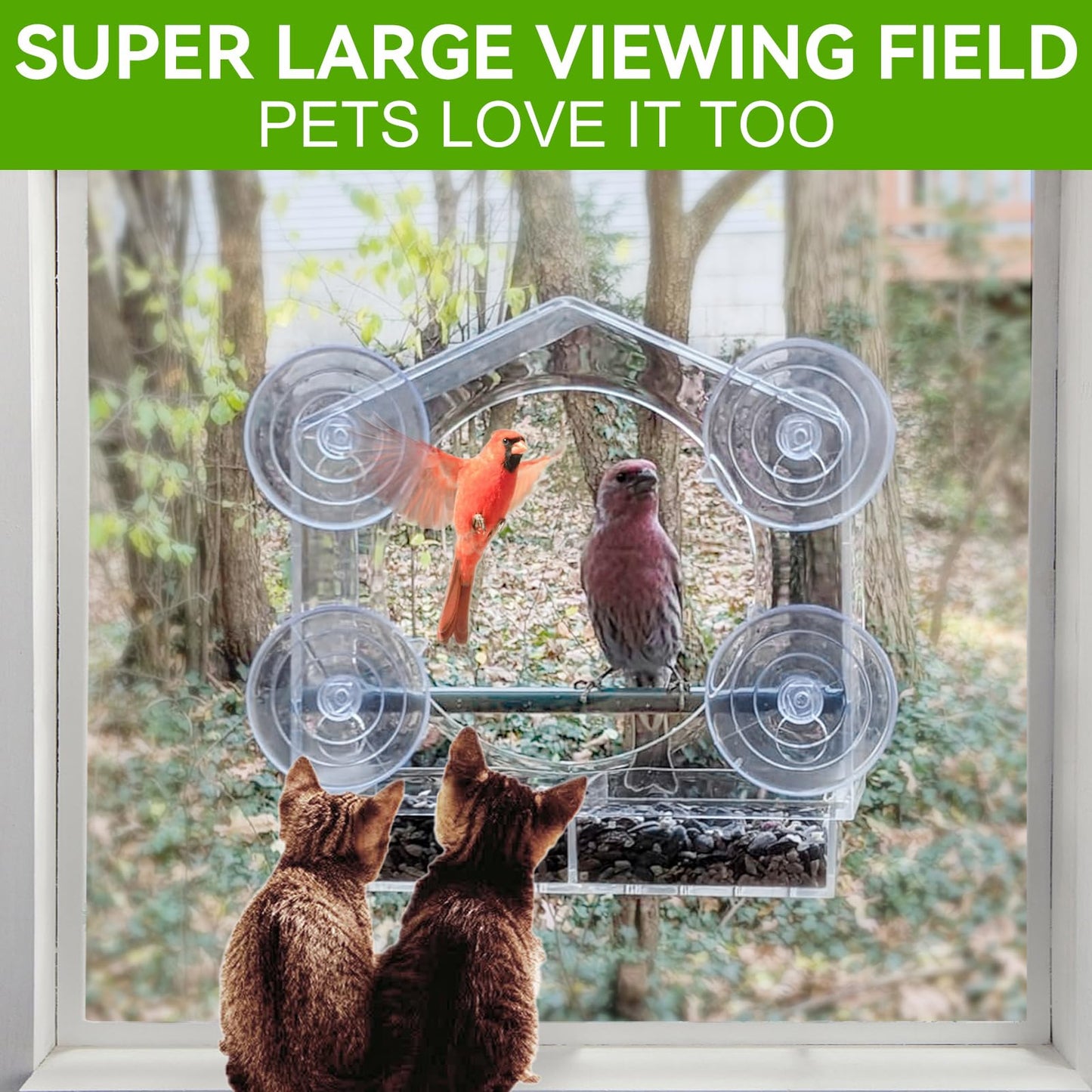 Clear Window Bird Feeder with Strong Suction Cups, Acrylic Viewing Feeder for Cats, Large Clear Window, Removable Sliding Seed Tray with Drainage, Easy to Clean and Refill
