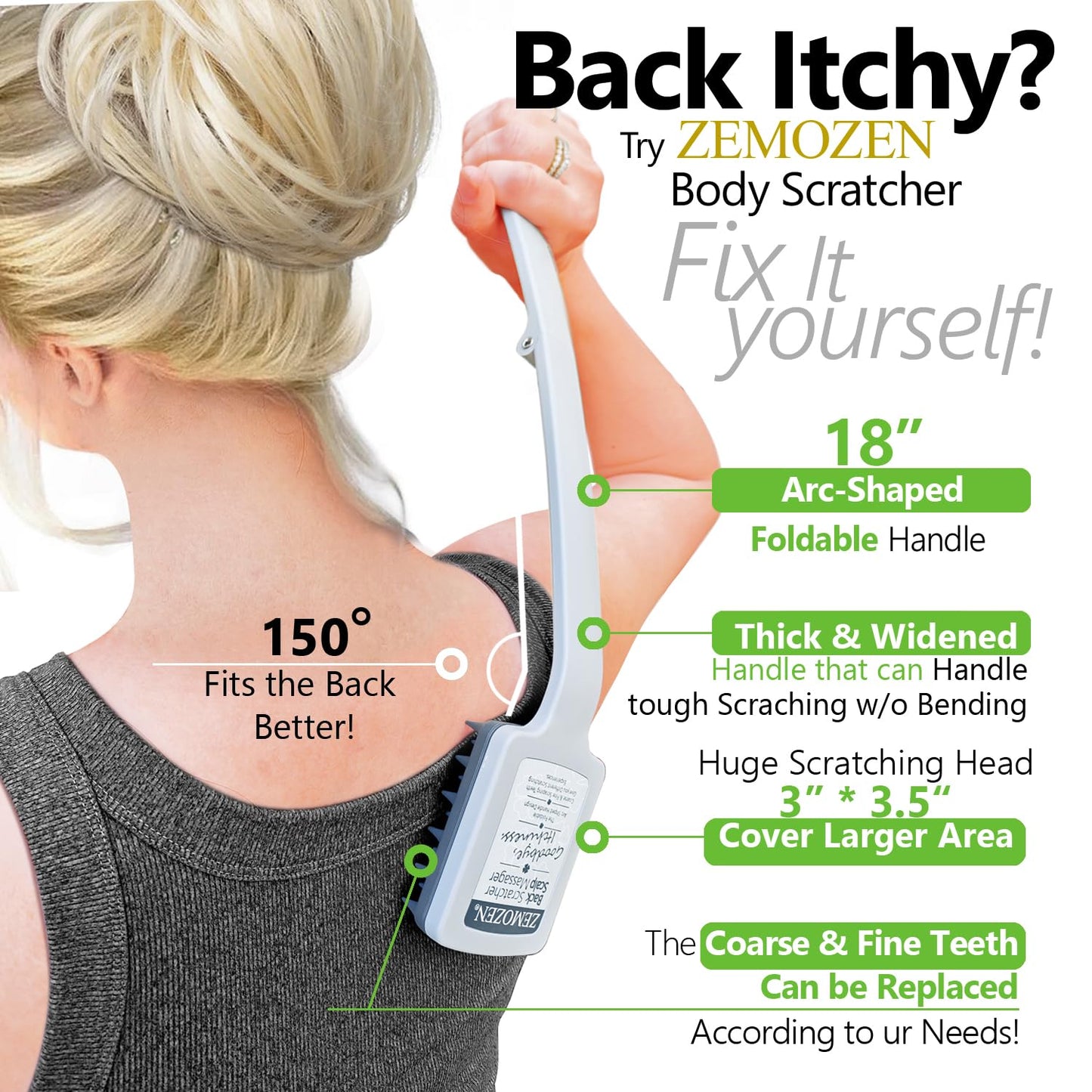 Folding Back Scratcher with Replaceable Heads and 18-Inch Arc Handle