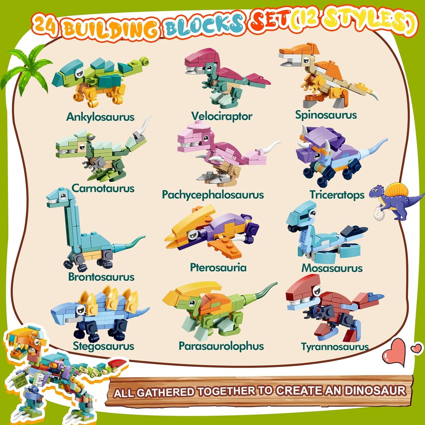 Valentine's Day Dinosaur Building Blocks for Kids: 24-Pack with Cards & Stickers