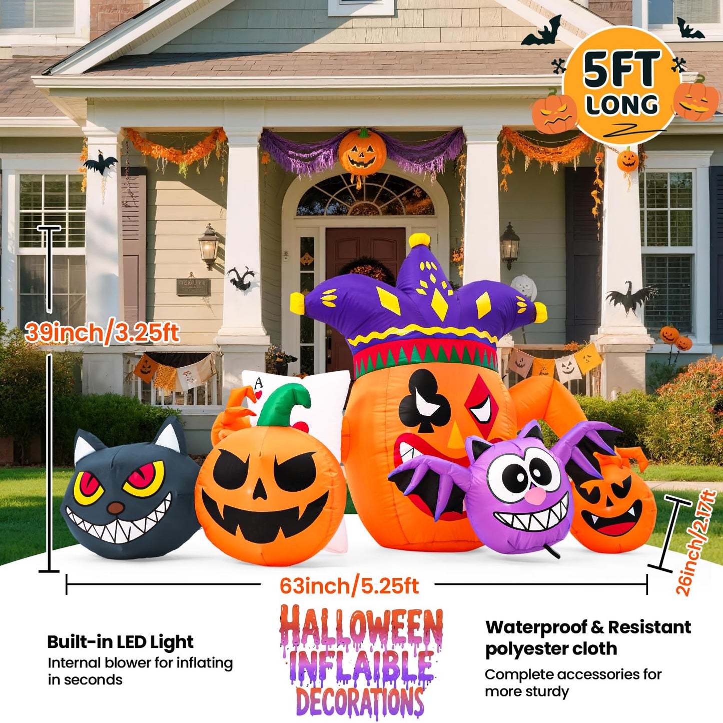 Halloween Inflatable Joker Pumpkin Owl and Black Cat with LEDs - 5.3 FT