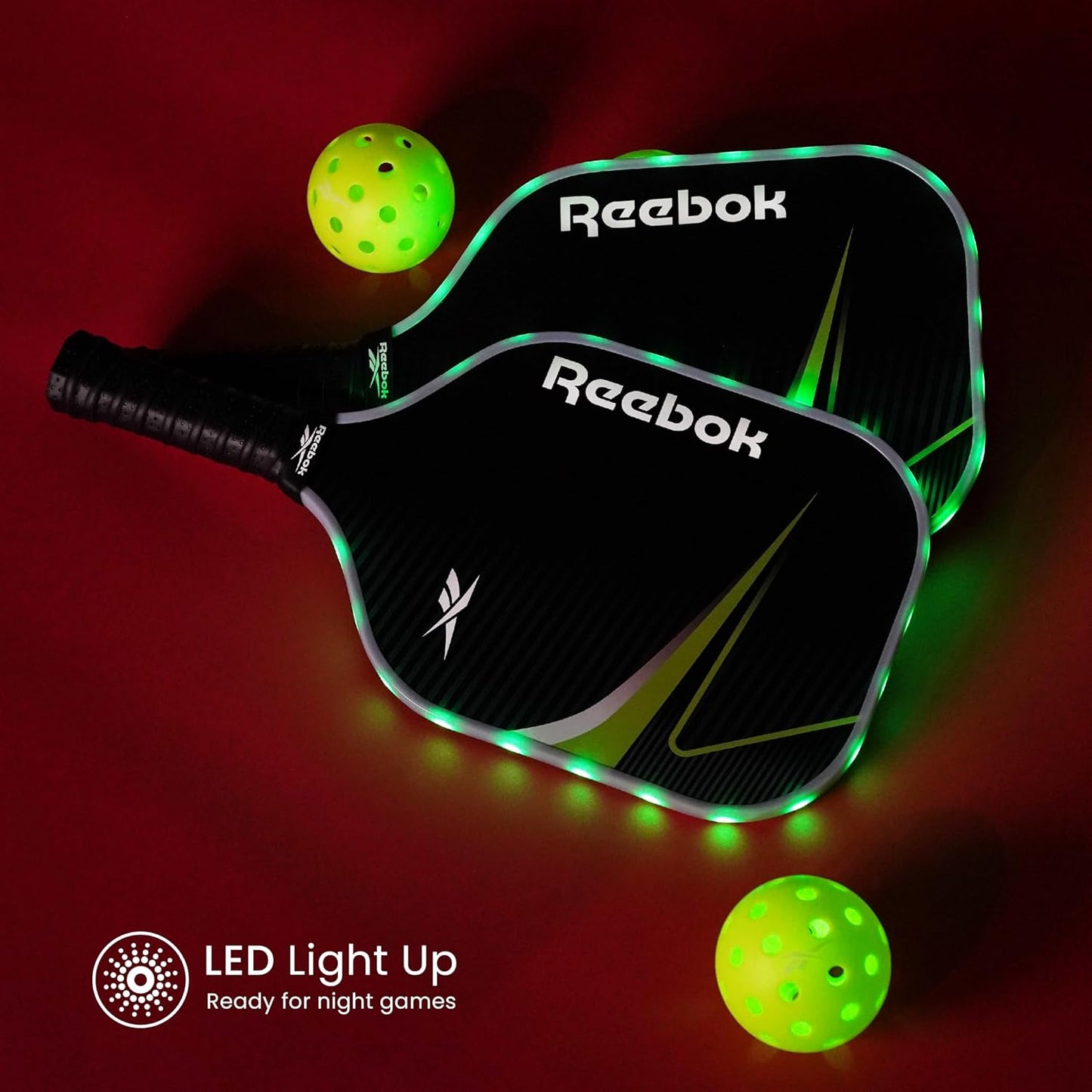 Reebok LED Pickleball Set with Fiberglass Paddles & Light-Up Balls - Ideal for Night Play